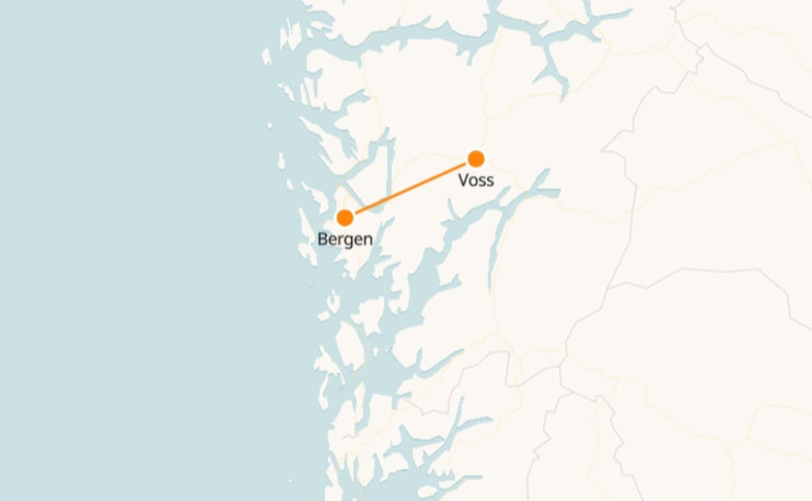 Carte ferroviaire de Voss à Bergen