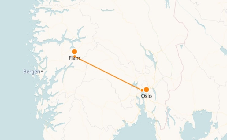 Carte ferroviaire de Flam à Oslo