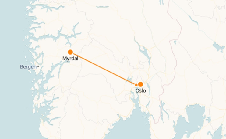 Carte des chemins de fer de Oslo à Myrdal