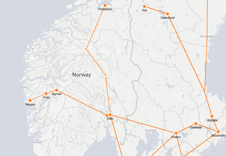 Carte des itinéraires ferroviaires norvégiens