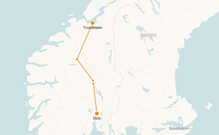 Carte ferroviaire de Trondheim à Oslo